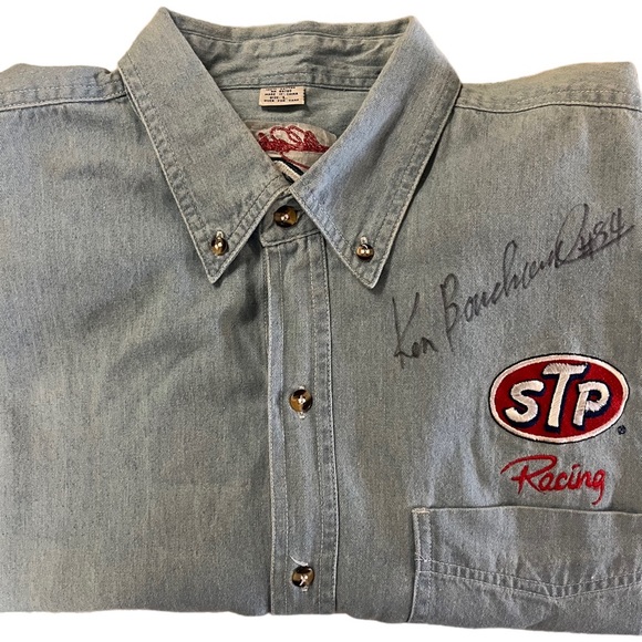 Ken Bouchard Signed Stp Racing Vintage NASCAR Button Up Denim Jean Shirt - Picture 3 of 12